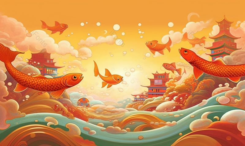 天宫宫殿锦鲤喜庆中国风国潮插画,插画/手绘图,插画/手绘图库,插画/手绘图下载,插画/手绘